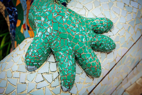 Detail of salamander statue in Park Guell, Barcelona