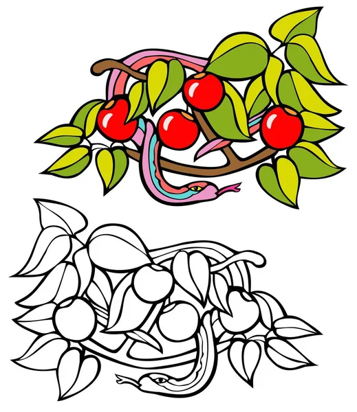 Schlange Einem Obstbaum Mit Schwarzer Umrissversion — Stockvektor