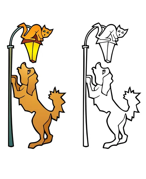 Perro Ladrando Gato Poste Luz — Vector de stock