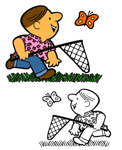 Man Chasing Butterfly Net Comes Bonus Black Outline Version — Stock Vector