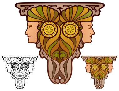 Art Nouveau style graphic ornament of faces, with variations. clipart