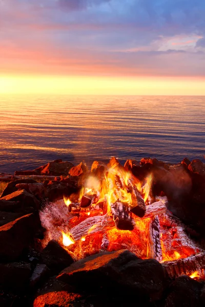 Great Lakes Sunset Beach Fire — Stock Photo, Image