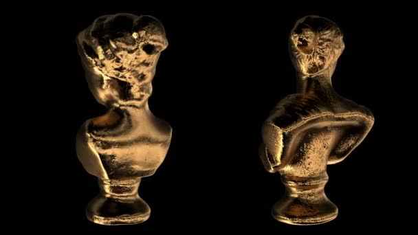 Gold Antique Damaged Statue Bust Woman Rotating Black Background Alpha — Stock Video