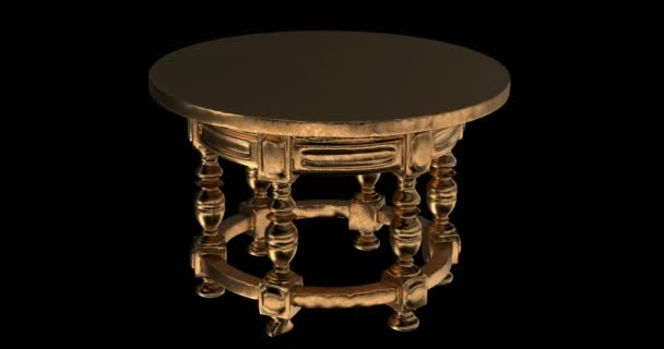 6本足で木彫りの金ラウンド手作りテーブル アルファマットチャンネル — ストック動画