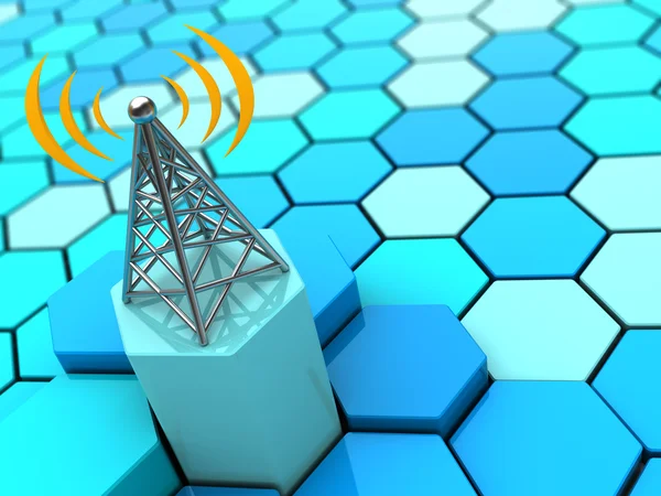 Радиоволны и антенна над абстрактными шестиугольниками — стоковое фото