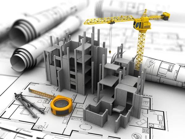 House construction over blueprints — Stock Photo, Image