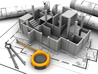 Beton bina inşaat planları üzerinde