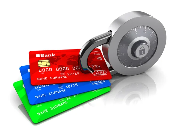 Hitelkártyák és zár — Stock Fotó