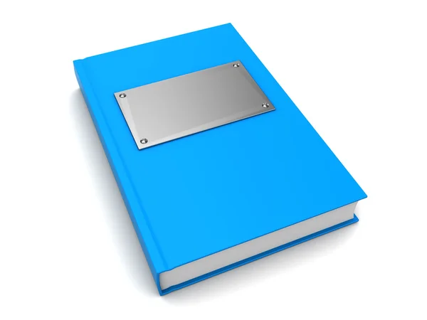 Синяя книга с металлической пластиной на обложке — стоковое фото