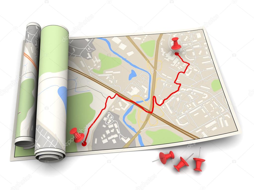 City map with red route and pins
