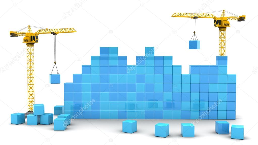 Two cranes building cubes wall