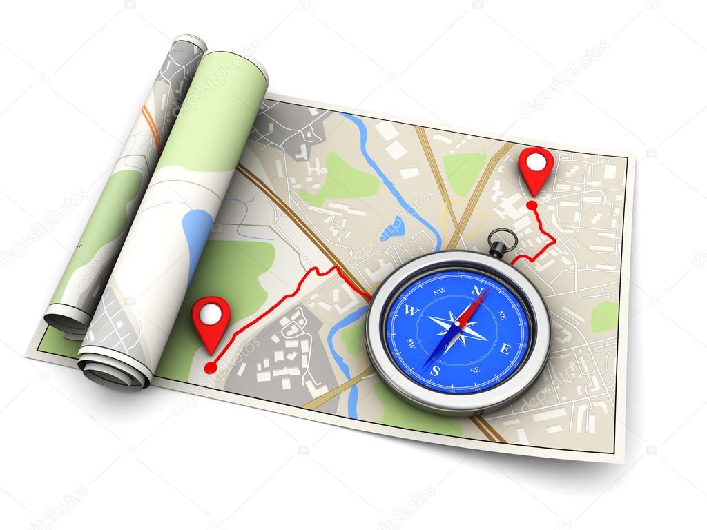 Map with route and compass