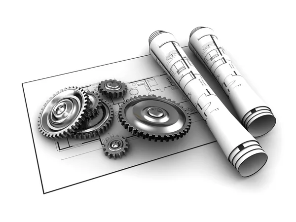 Gears and rolled blueprints — Stock Photo, Image