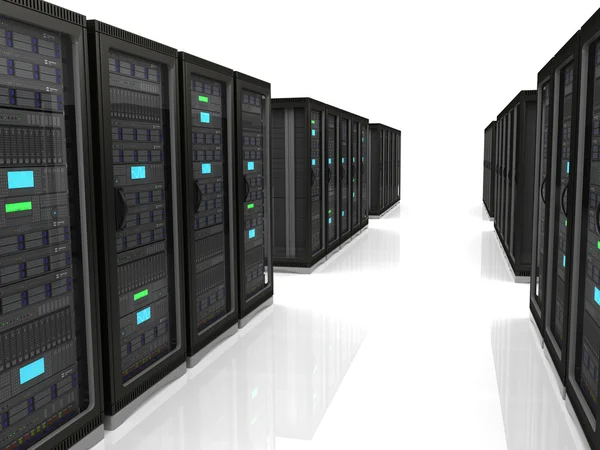 Ilustração 3d de raks de servidores de rede — Fotografia de Stock