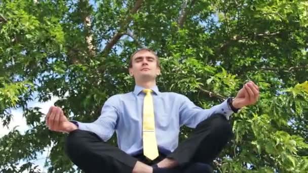 Бизнесмен медитирует в парке — стоковое видео