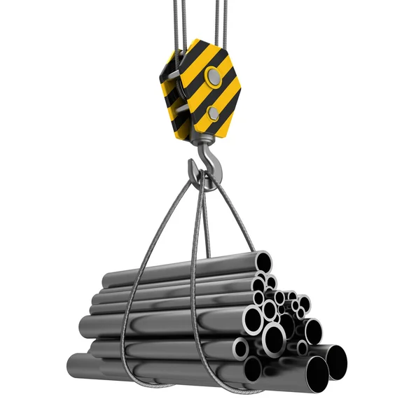 Crane hook carrying pipes — Stock Photo, Image