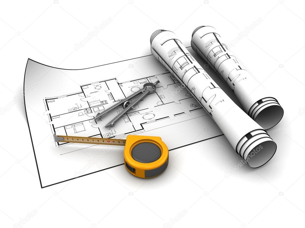 Illustration of blueprint and tools