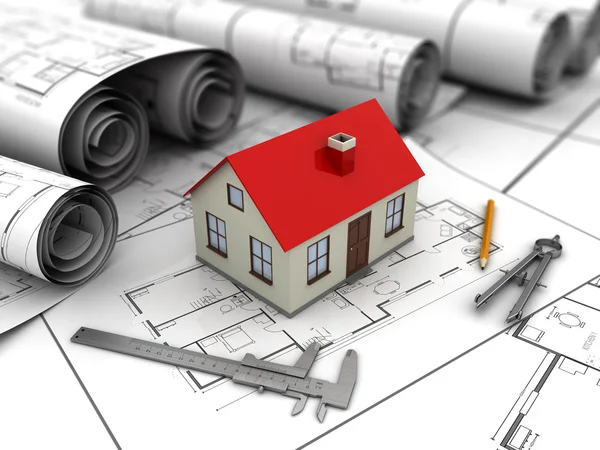 House blueprints and drawing tools — Stock Photo, Image