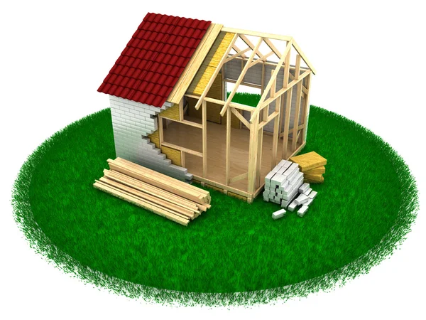 House constuction over green grass hill — Stock Photo, Image