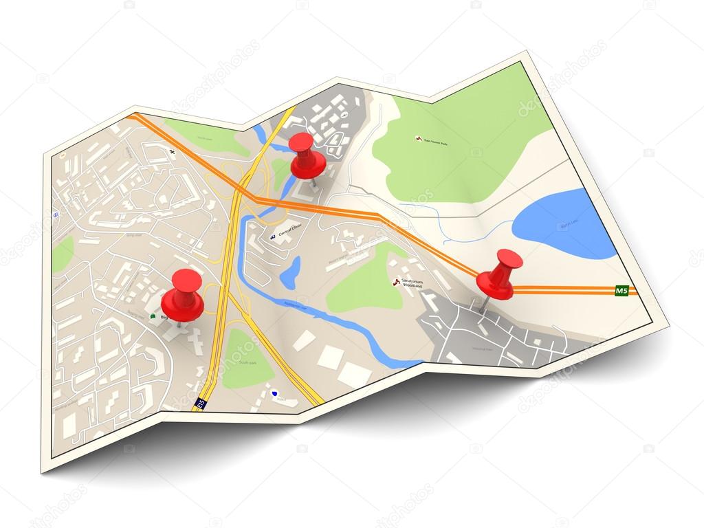 city map with three red pins