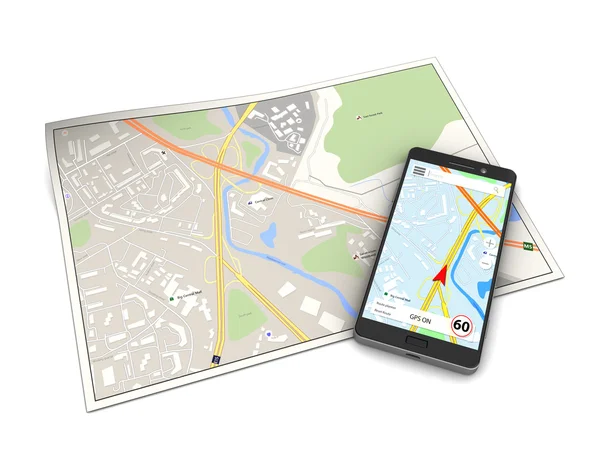 Mapa i smartphone z nawigacji — Zdjęcie stockowe