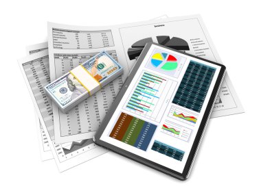 Tablet bilgisayar, iş kağıtları ve para