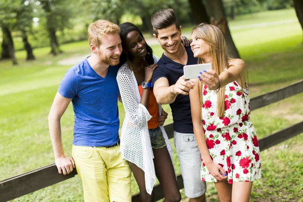 Jóvenes amigos multirraciales tomando selfie en el parque —  Fotos de Stock