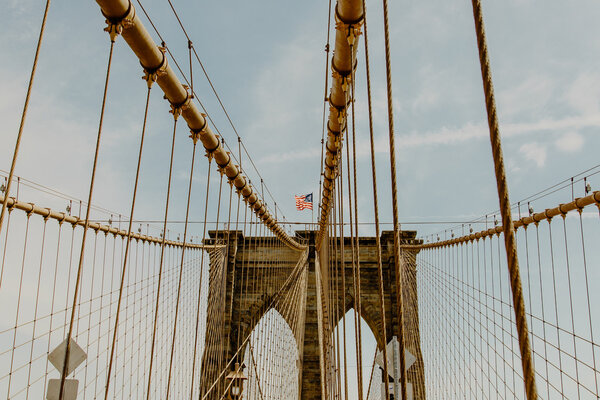 Close view of the Brooklyn Bridge in New York City, USA