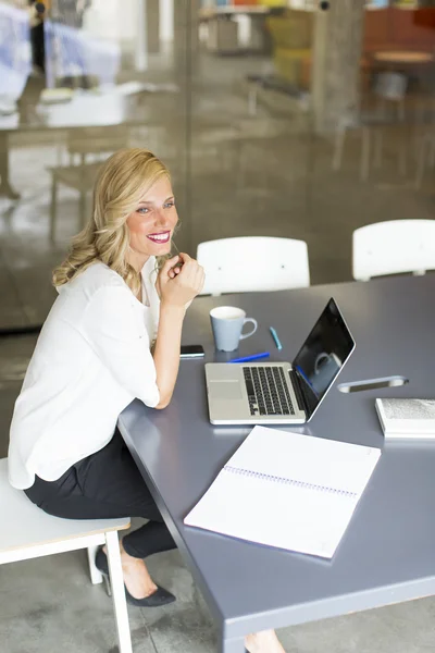 Vrouw die op laptop werkt — Stockfoto