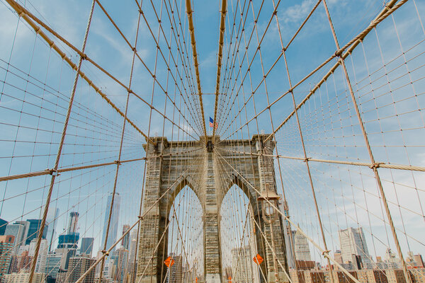 Close view of the Brooklyn Bridge in New York City, USA