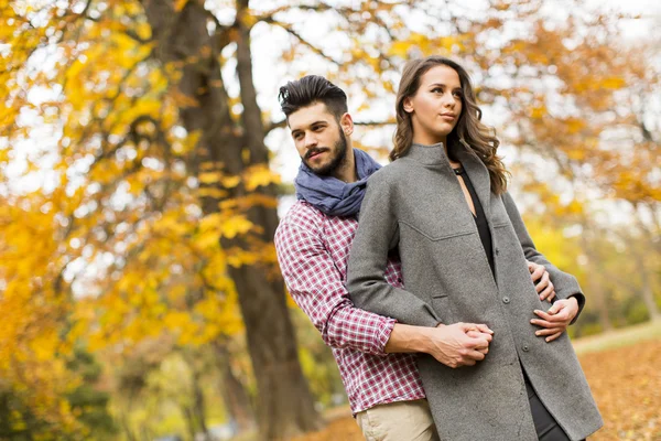 Jong paar in de herfst park — Stockfoto