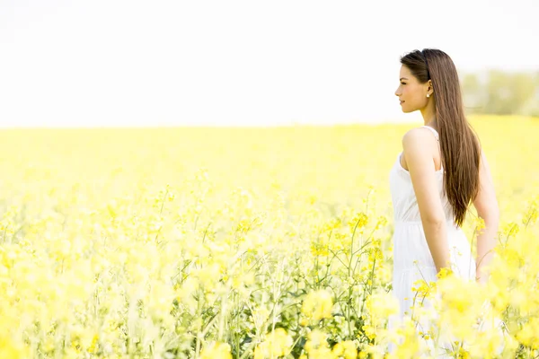 Jeune femme dans le champ de printemps — Photo