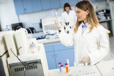 Laboratuvarda koruyucu yüz maskesi takan genç bir bayan doktor elinde sıvı numunesi olan bir şişe tutuyor.