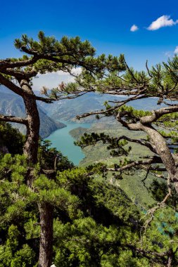 Sırbistan 'daki Tara dağından Perucac Gölü ve Drina Nehri manzarası