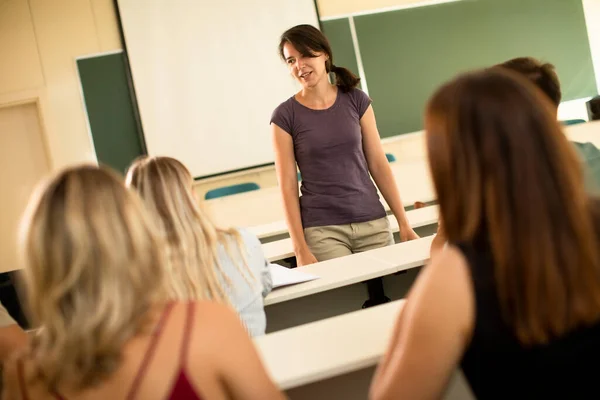 Grupp Universitetsstudenter Klassrummet Med Ung Kvinnlig Biträdande Lektor — Stockfoto