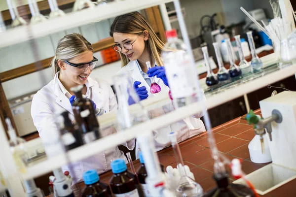 Leuke Vrouwelijke Onderzoekers Witte Labjas Aan Het Werk Het Laboratorium — Stockfoto