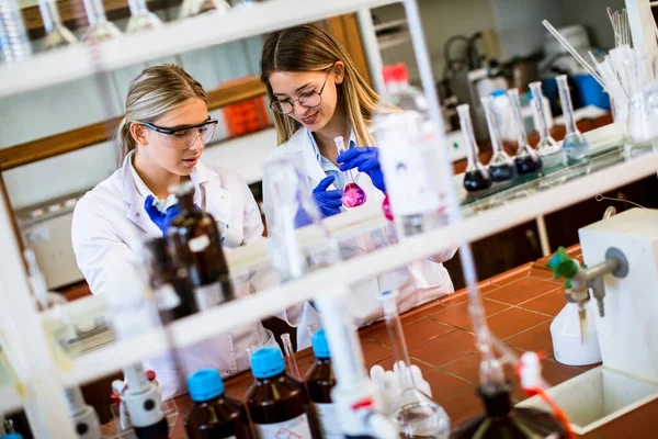 Leuke Vrouwelijke Onderzoekers Witte Labjas Aan Het Werk Het Laboratorium — Stockfoto