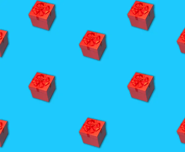 Seamless Pattern Red Gift Box Ribbon Blue Surface — Stock Photo, Image