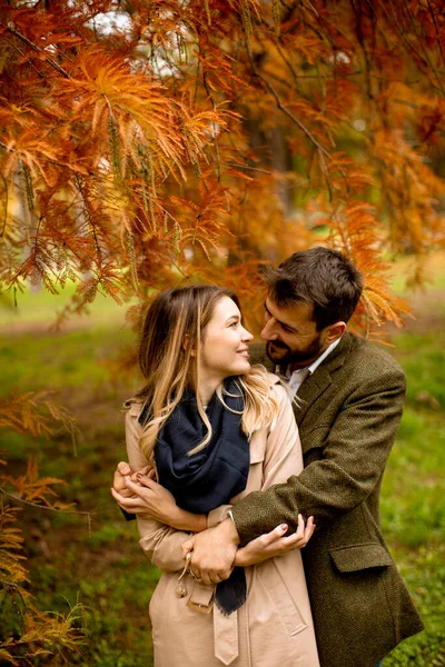 Bella Giovane Coppia Nel Parco Autunnale — Foto Stock