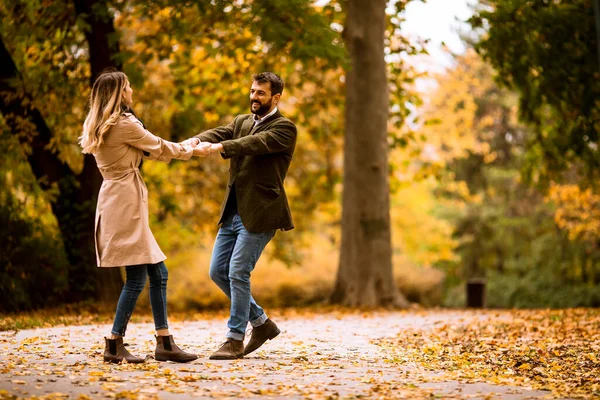 Bonito Jovem Casal Divertindo Parque Outono — Fotografia de Stock