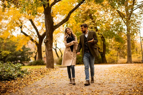 Handsome Young Couple Walking Autumn Park — Stock Photo, Image