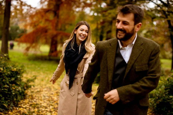 Handsome Young Couple Walking Autumn Park — Stock Photo, Image