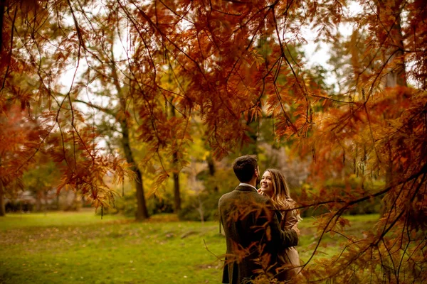 Handsome Young Couple Autumn Park — Stock Photo, Image