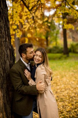 Güz parkında yakışıklı genç bir çift.