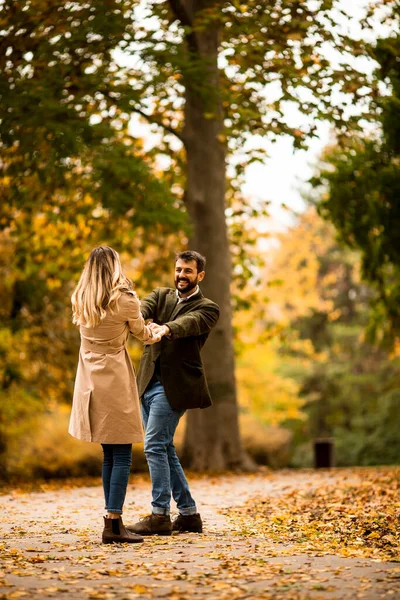 美丽的年轻夫妇在秋天的公园里玩得很开心 — 图库照片