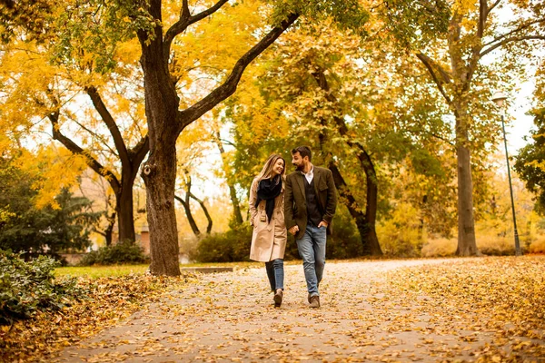 Bonito Jovem Casal Andando Parque Outono — Fotografia de Stock