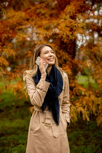 Mujer Bastante Joven Usando Teléfono Móvil Parque Otoño —  Fotos de Stock