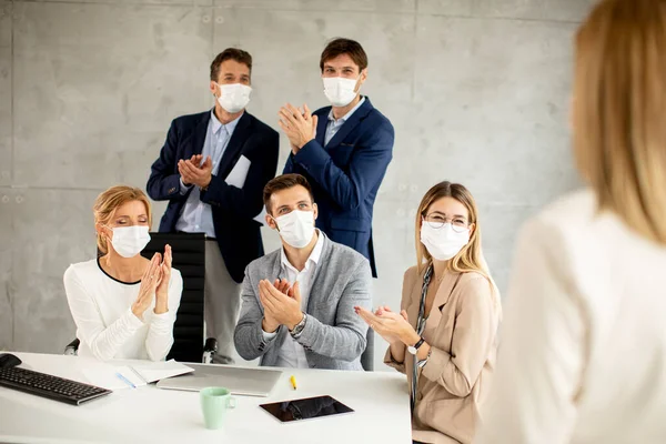 Team Business People Working Project Facial Masks Virus Protection Office — Stock Photo, Image
