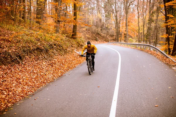 Handsome Young Man Biking Country Road Autumn Forest — Stock Photo, Image