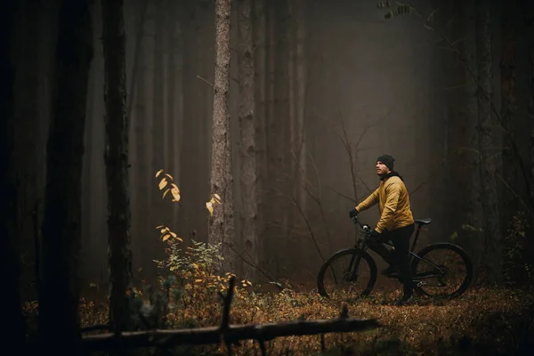 Beau Jeune Homme Prenant Frein Pendant Vélo Travers Forêt Automne — Photo